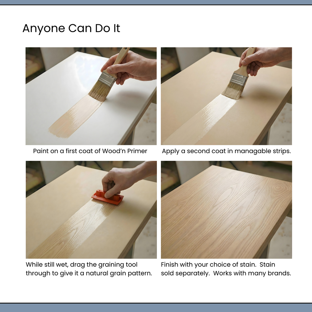 Instruction image for Retique It Universal Liquid Wood Kit in Light Wood finish, showing application steps and tools.