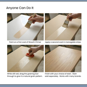 Instruction image for Retique It Universal Liquid Wood Kit in Light Wood finish, showing application steps and tools.