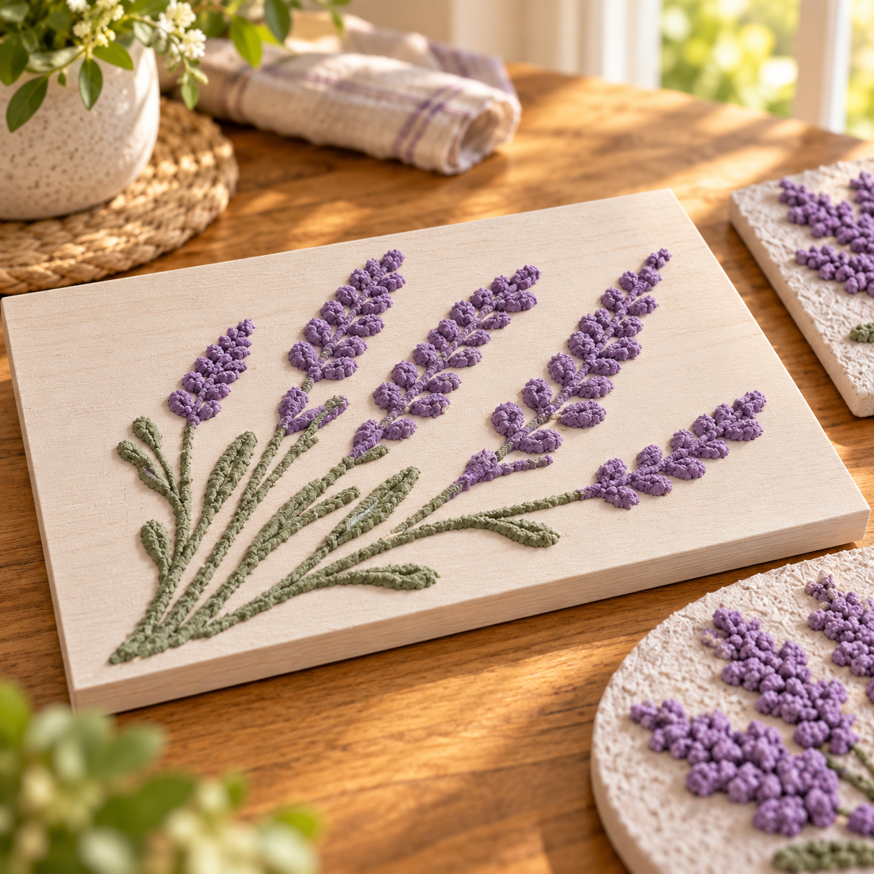 DecoArt Bloom Texture Paint in Lavender Ash, shown in a finished textured surface application