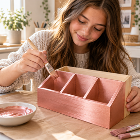 DecoArt Americana Decor Metallics Rose Gold paint shown in a lifestyle setting