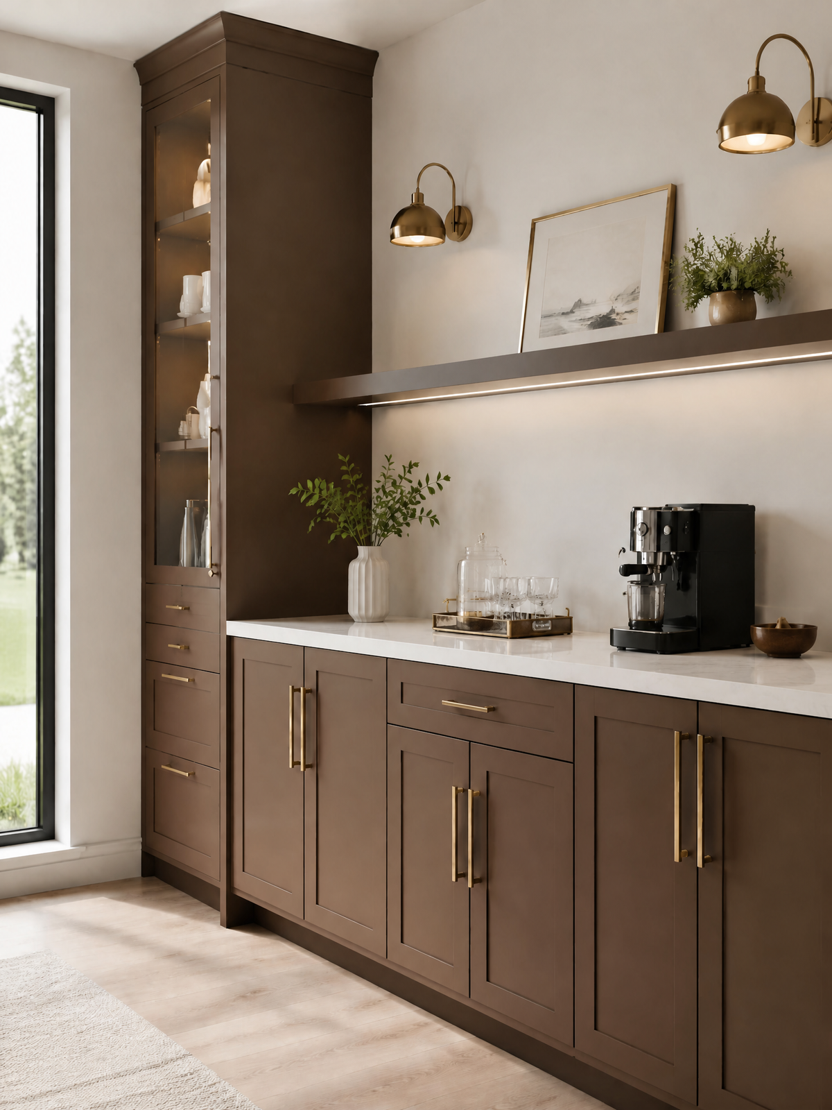 Modern kitchen and coffee bar with dark oak cabinetry, brass hardware and wall sconces, white countertop, black espresso machine, open shelving, and decorative greenery.