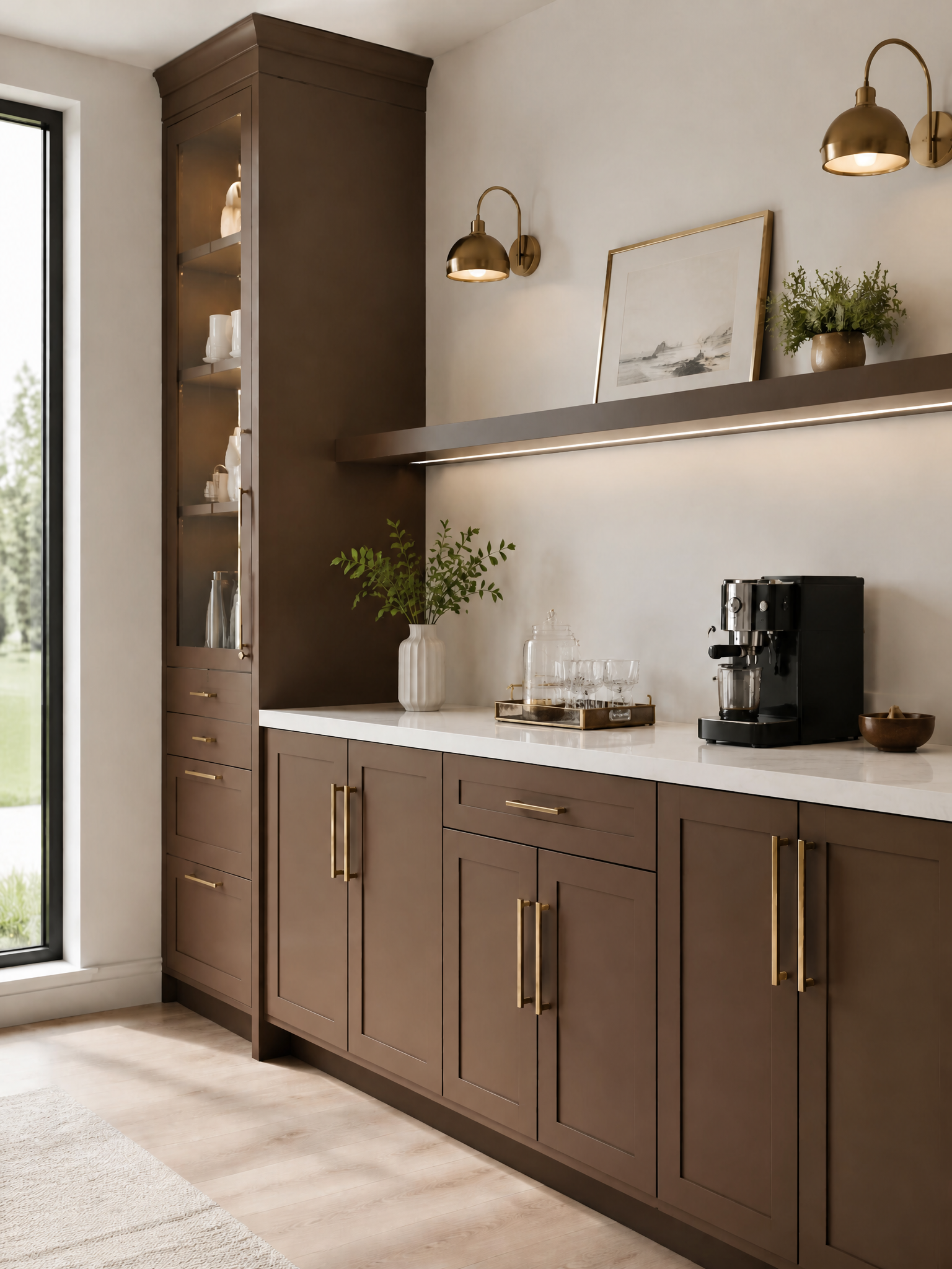 Modern kitchen and coffee bar with dark oak cabinetry, brass hardware and wall sconces, white countertop, black espresso machine, open shelving, and decorative greenery.