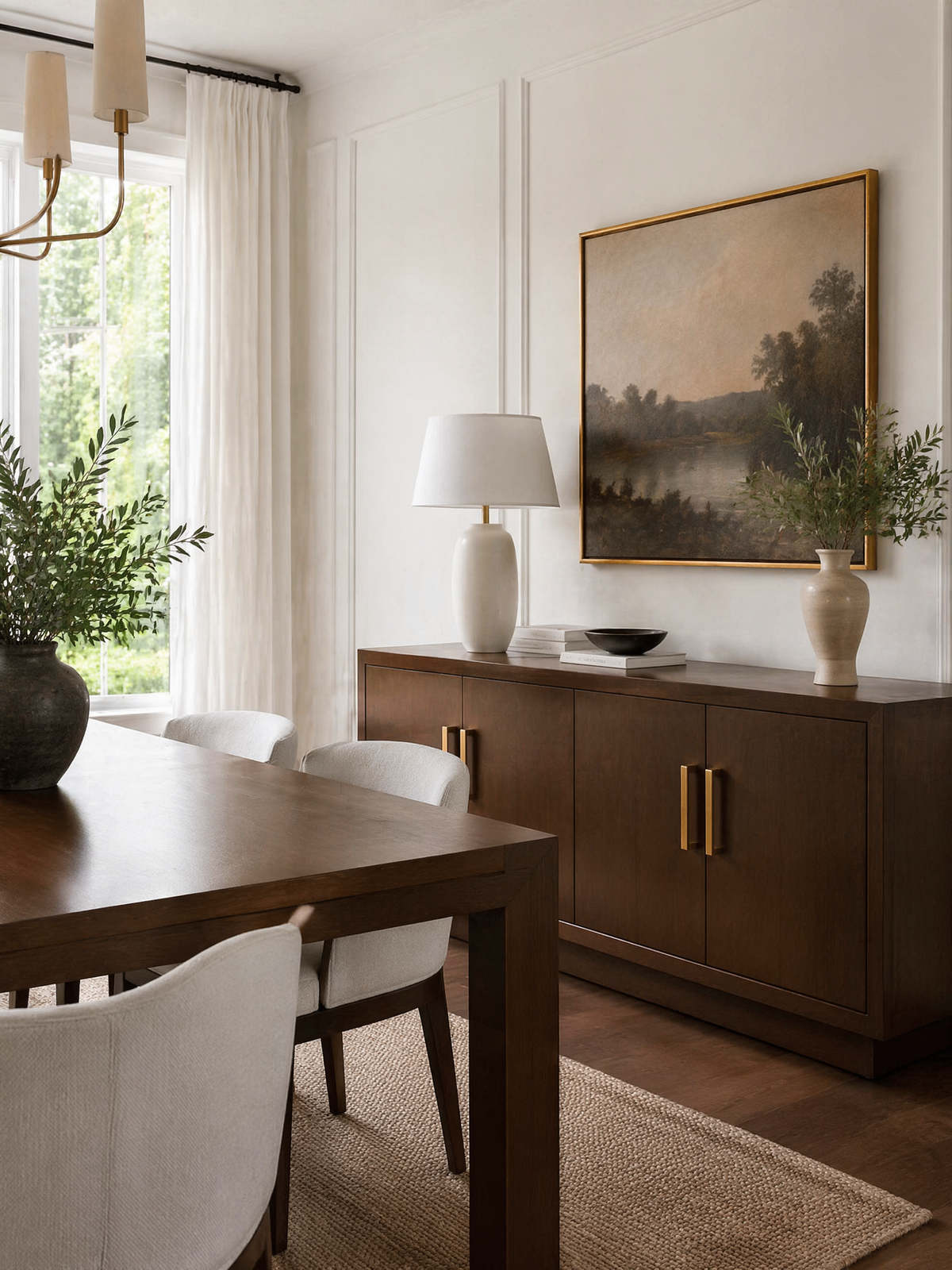 Elegant dining room with a dark oak dining table and matching sideboard, cream upholstered chairs, brass hardware, framed landscape artwork, neutral décor, and greenery.