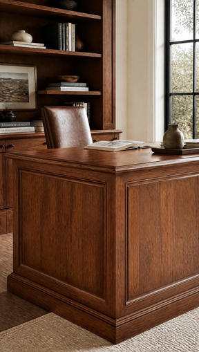 Traditional brown wood office desk with paneled sides, a leather chair and matching built-in bookshelves beside a tall window.
