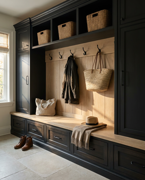 Mudroom with dark wood cabinets, wooden bench, and hanging bags and coats.