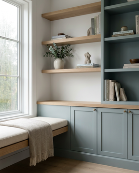 Nook with wooden shelves, window seat, and green cabinets.