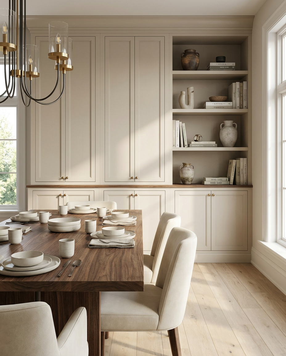 Modern dining room with wooden table, chairs, and built-in shelves.