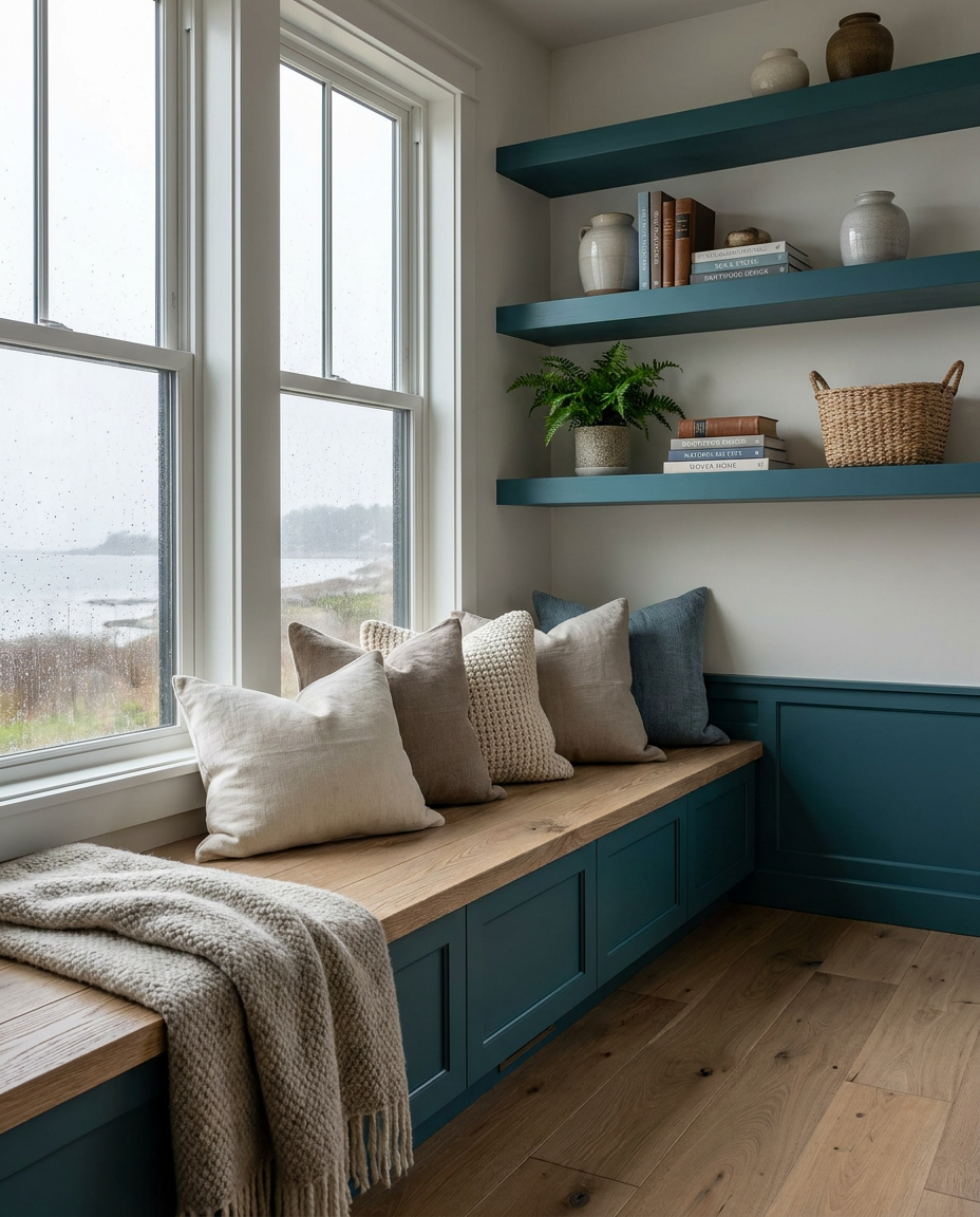 Nook with wooden bench, cushions, and shelves against a window with a view of water.