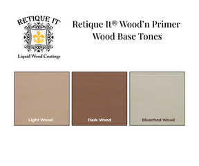 Retique It Universal Liquid Wood Kit in Light Wood, showing primer, wood tones, and paint swatches for wood finishing.
