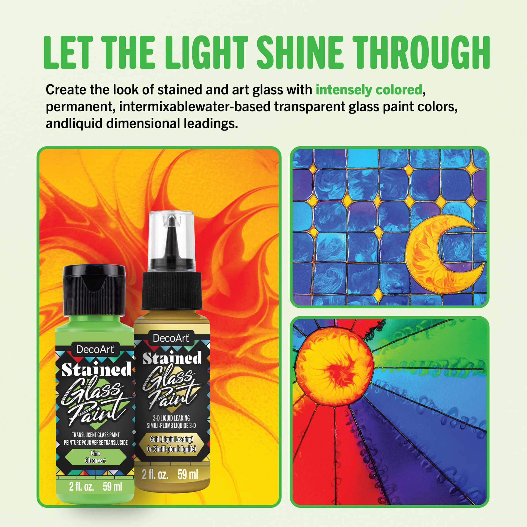 DecoArt stained glass paints set with four vibrant colors and brushes for creating colorful stained glass artwork.