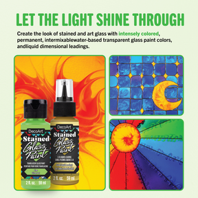 DecoArt stained glass paints set with four vibrant colors and brushes for creating colorful stained glass artwork.