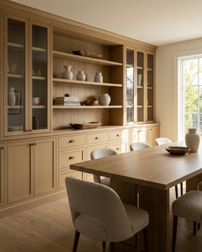 Dining room with wooden table and chairs, and built-in cabinetry.