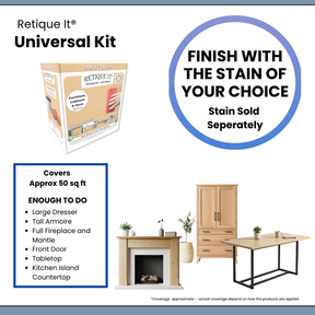Universal Liquid Wood Kit by Retique It with bleached wood finish, showing application tools and sample wood surfaces for furniture refinishing.
