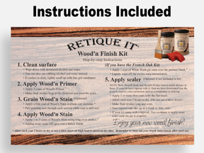 Retique ItÂ® Wood'n Kit Multi-purpose Top Coat in Red Mahogany, featuring application instructions and wood finishing tools.